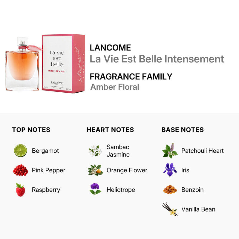 Lancome La Vie Est Belle Intensément Eau de Parfum for women, 3.4 oz perfume bottle, with elegant design and floral accents.