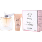 Lancome La Vie Est Belle gift set with 1.7 oz perfume and body lotion, featuring elegant packaging and floral fragrance details.