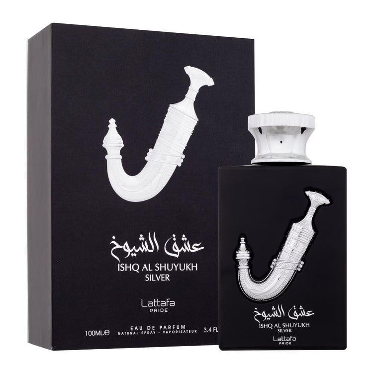 Lattafa Ishq al Shuyukh perfume bottle, silver 100ml Eau de Parfum by Farmacias Savia, with elegant packaging and design