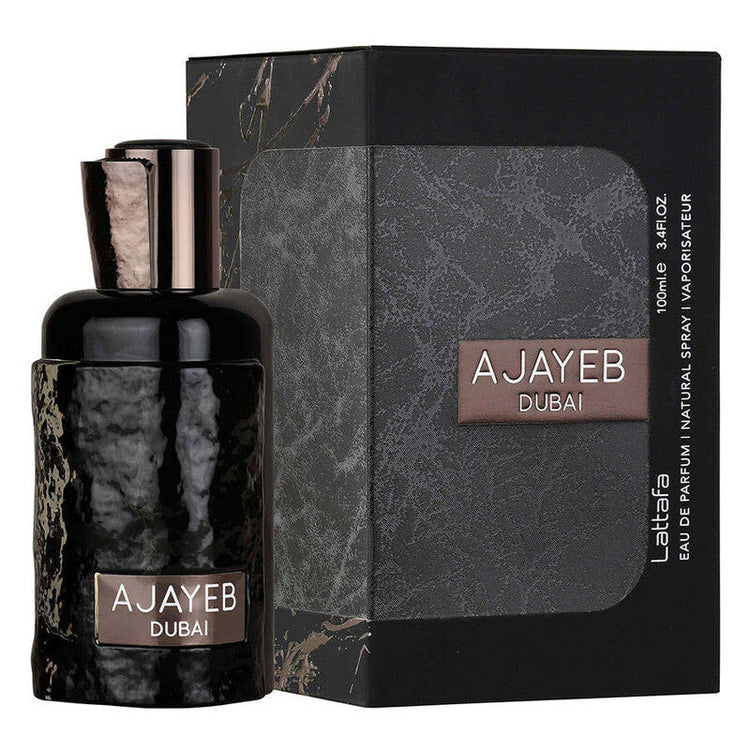 Lattafa Ajayeb Dubai Portrait unisex EDP spray 3.4 oz bottle with elegant packaging, showcasing fragrance details.