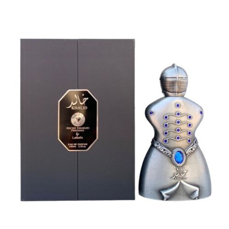 Lattafa Unisex Niche Emarati Khalid EDP spray 2.7 oz with elegant fragrance bottle and design.