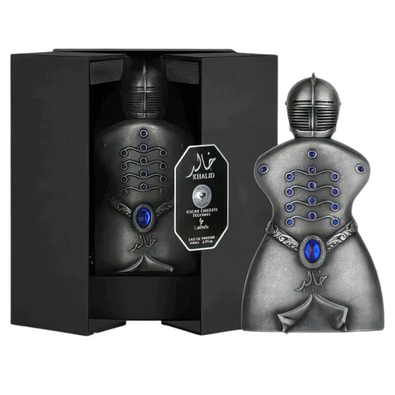 Lattafa Khalid Unisex Niche EDP spray in 2.7 oz bottle, featuring elegant fragrance design by Farmacias Savia.