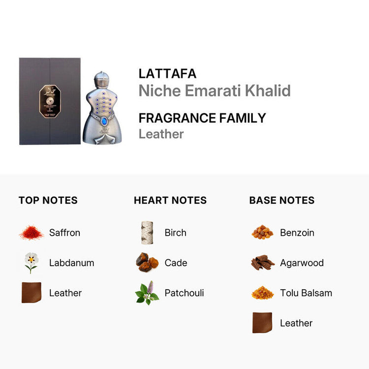 Lattafa Unisex Niche Emarati Khalid EDP spray in 2.7 oz bottle, featuring luxurious fragrance and elegant packaging.