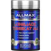 Allmax Longjack Tongkat Ali testosterone booster capsules displayed in a bottle, promoting natural energy and vitality.
