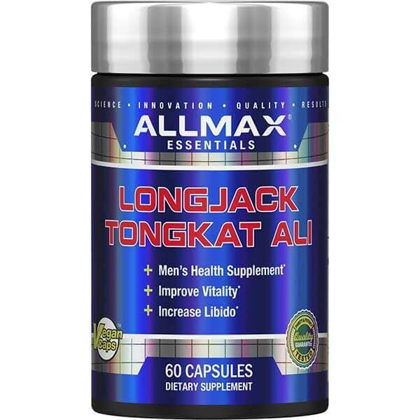 Allmax Longjack Tongkat Ali testosterone booster capsules displayed in a bottle, promoting natural energy and vitality.
