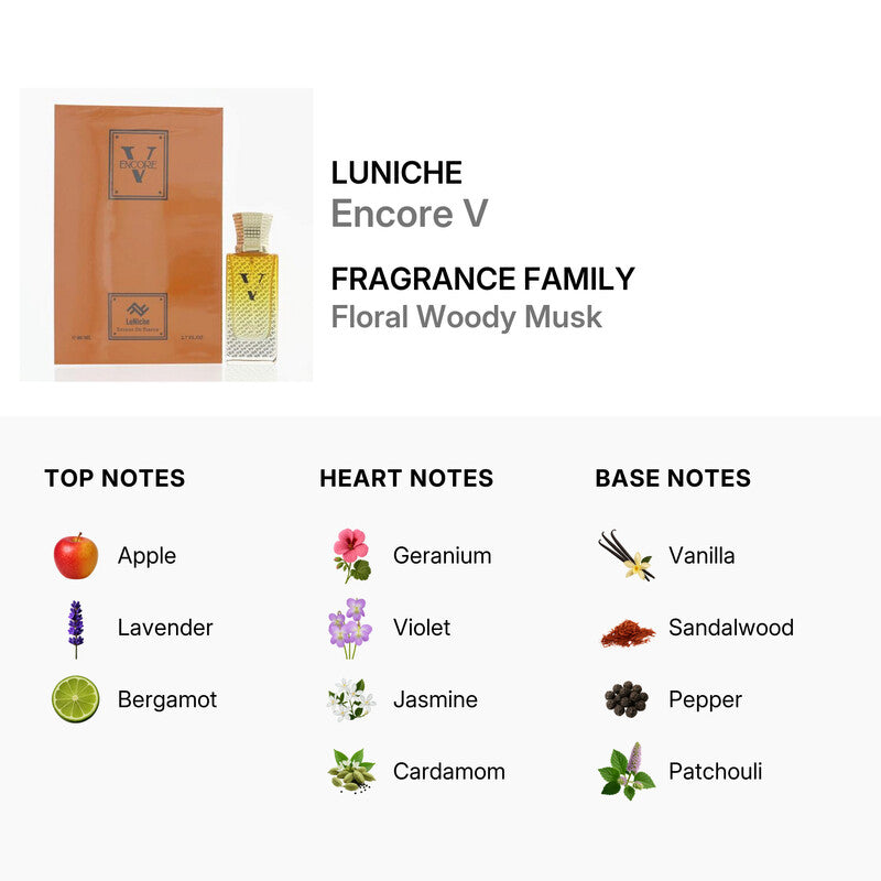 Luniche Encore V women’s Extrait de Parfum spray in a 2.7 oz bottle, featuring elegant packaging and floral fragrance.