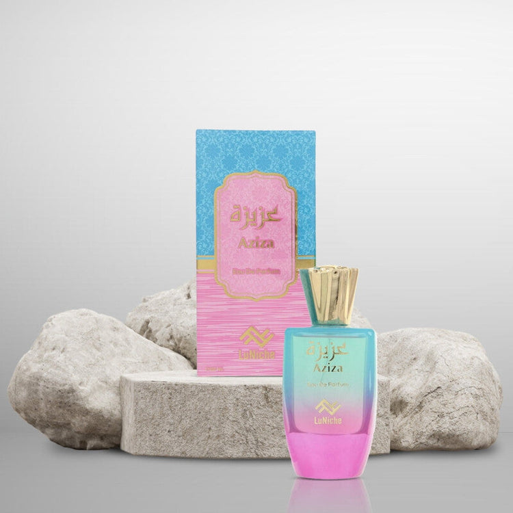 Luniche Aziza Eau de Parfum spray by Farmacias Savia, 3.4oz bottle, featuring a sleek design and elegant fragrance packaging.