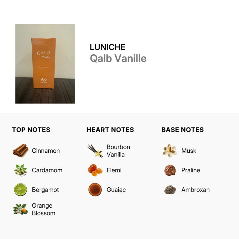 Luniche Unisex Qalb Vanille EDP spray 3.4 oz with a sleek bottle, featuring warm vanilla fragrance suitable for both men and women