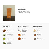 Luniche Unisex Qalb Vanille EDP spray 3.4 oz with a sleek bottle, featuring warm vanilla fragrance suitable for both men and women