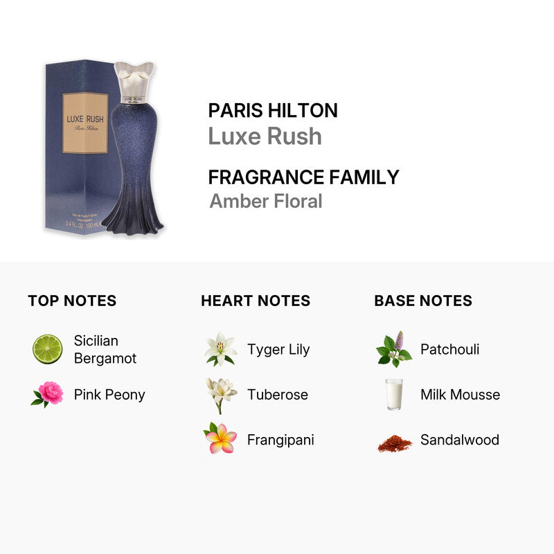 Paris Hilton Luxe Rush Eau de Parfum spray for women, 3.4oz bottle, elegant glass container with gold accents.