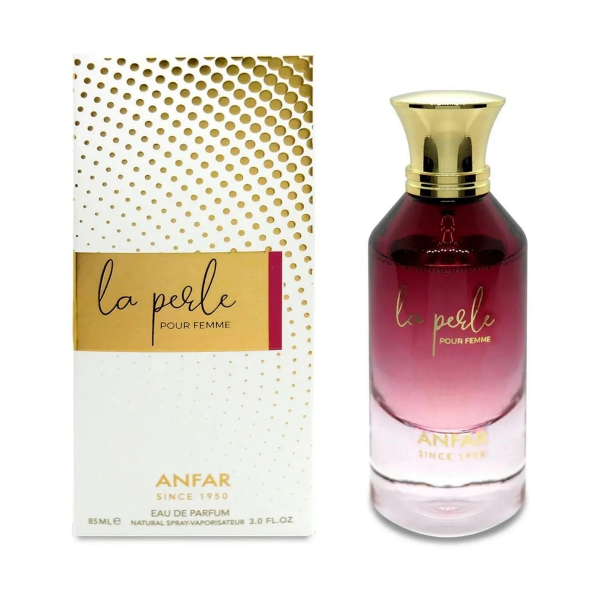 Anfar La Perle Pour Femme Eau de Parfum 3oz bottle with a sleek red and silver design, elegant fragrance packaging.