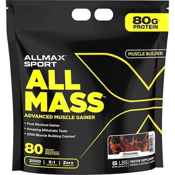 Allmax AllMass muscle gain weight gainer in 5lb container with scoop, featuring creamy chocolate flavor and label details.
