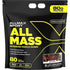 Allmax AllMass muscle gain weight gainer in 5lb container with scoop, featuring creamy chocolate flavor and label details.