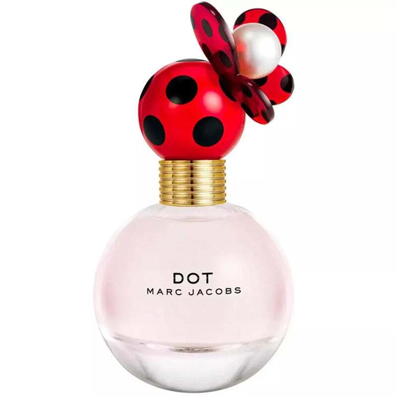 Marc Jacobs Ladies Dot EDP spray 3.3 oz, floral perfume bottle with a dotted design and silver cap.