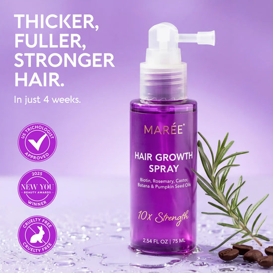 Maree 4-in-1 Hair Growth Spray bottle showing the product label and spray nozzle, designed to promote hair health and growth.