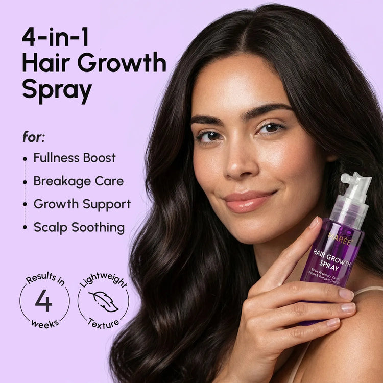 Maree 4-in-1 Hair Growth Spray bottle showing the product label and spray nozzle, designed to promote hair health and growth.