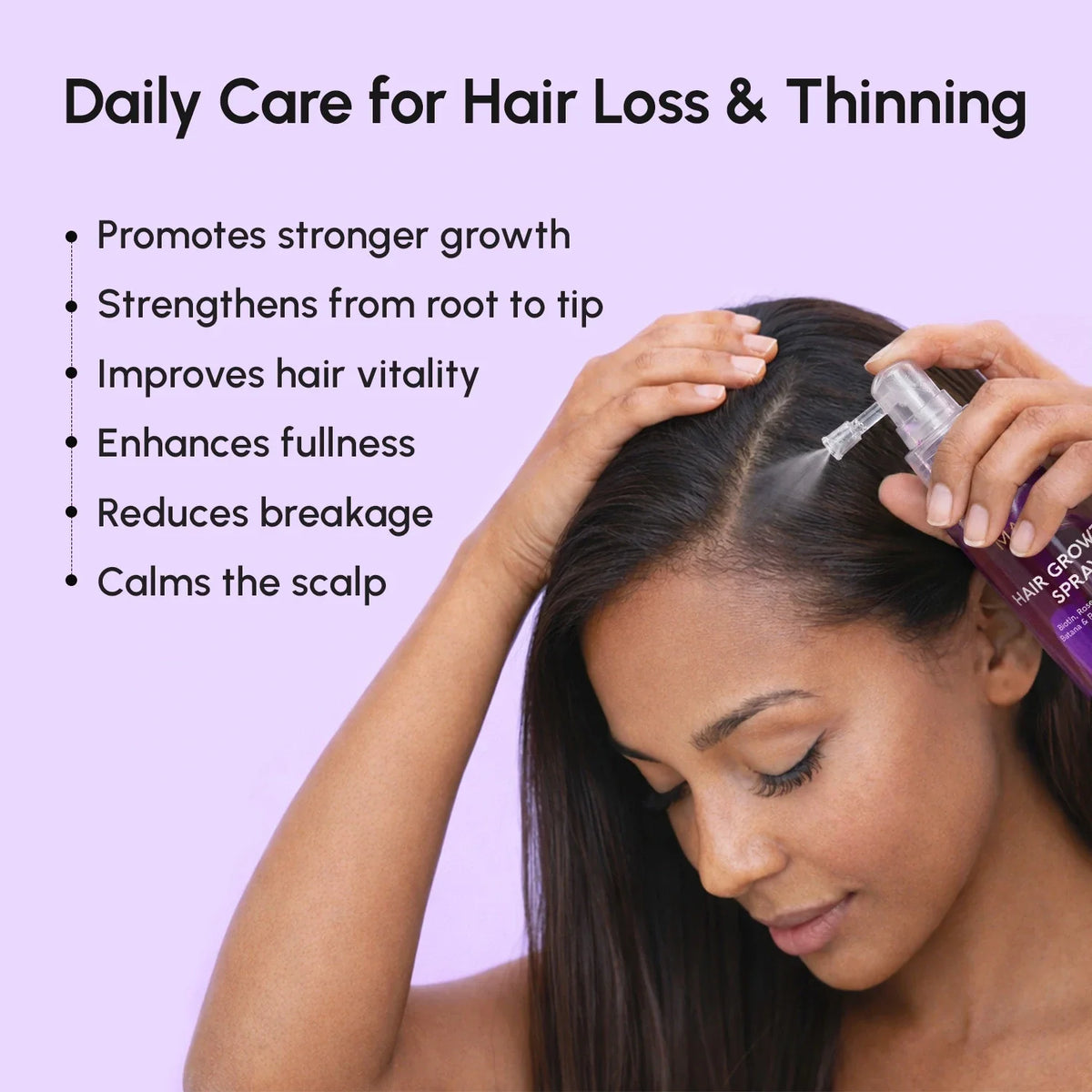 Maree 4-in-1 Hair Growth Spray bottle with nozzle, designed to promote hair health and stimulate growth.