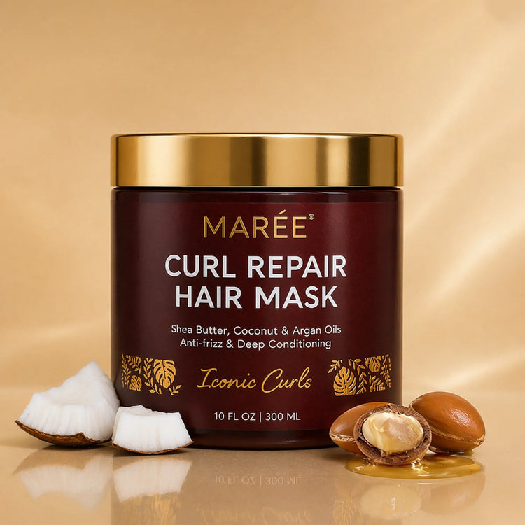 Maree Curl Repair Hair Mask in a jar, smooth and creamy formula for nourishing and restoring curly hair, visible product image.