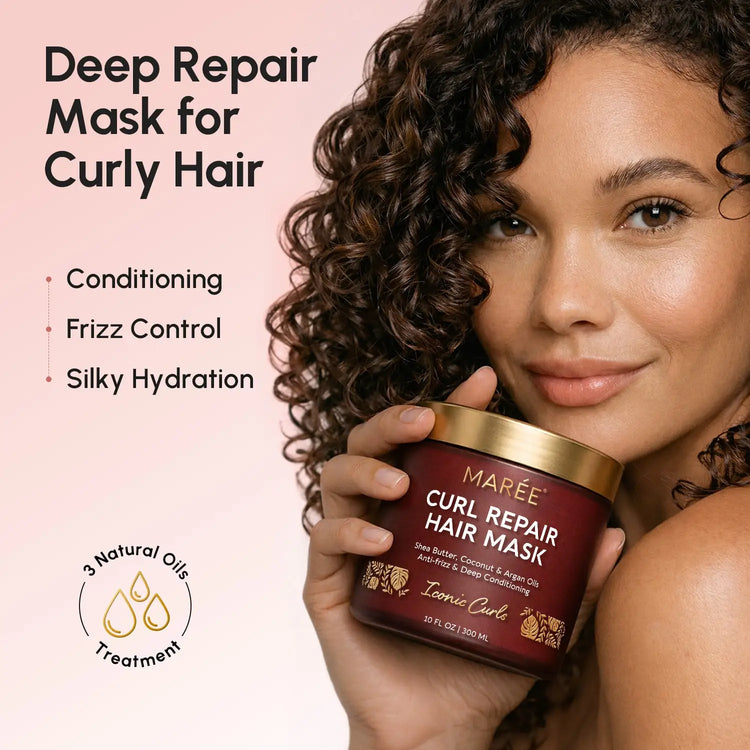 Maree Curl Repair Hair Mask in a jar, showcasing creamy texture and packaging, designed to nourish and restore curly hair.
