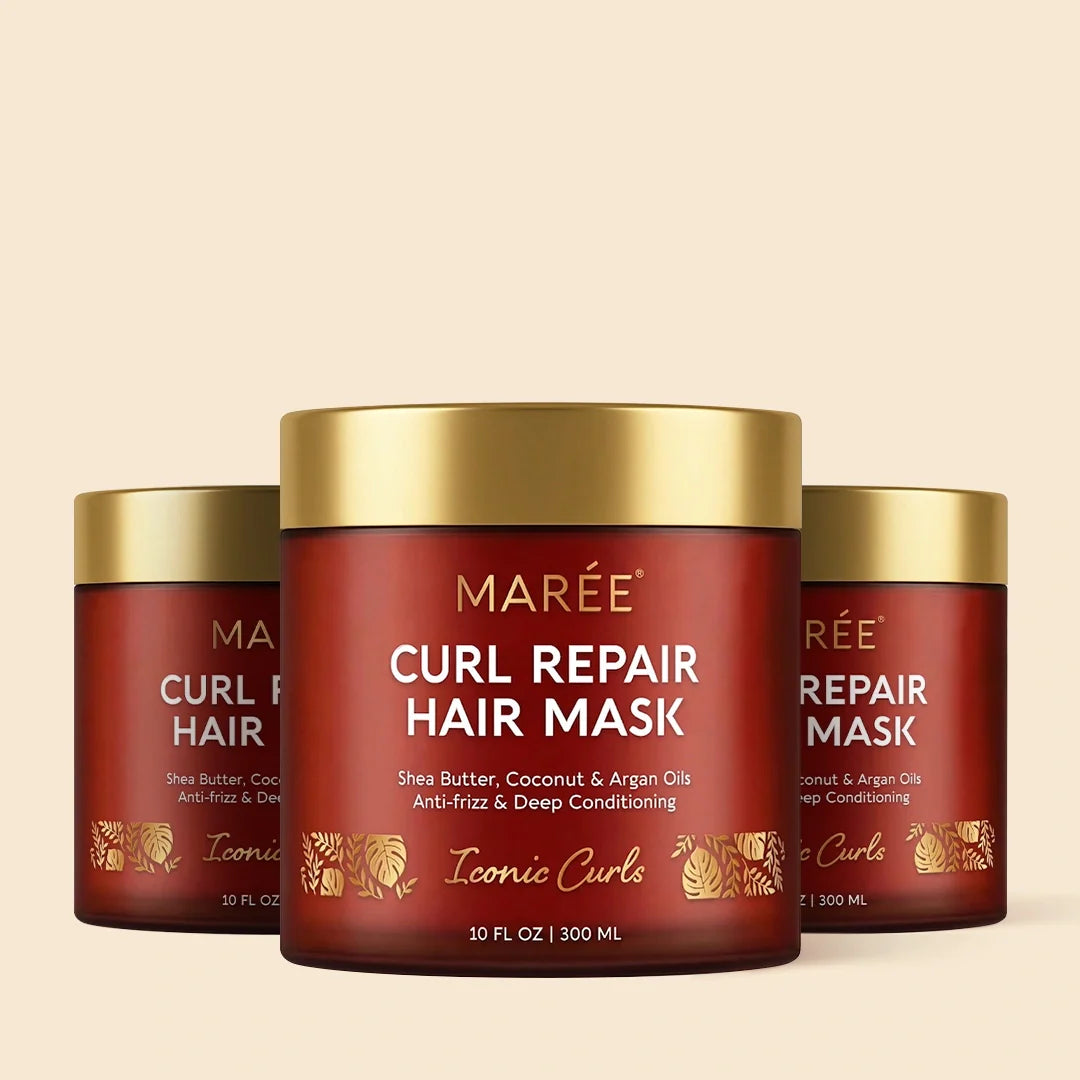 Maree Curl Repair Hair Mask in a jar, showcasing creamy texture and nourishing formula for curly hair care.
