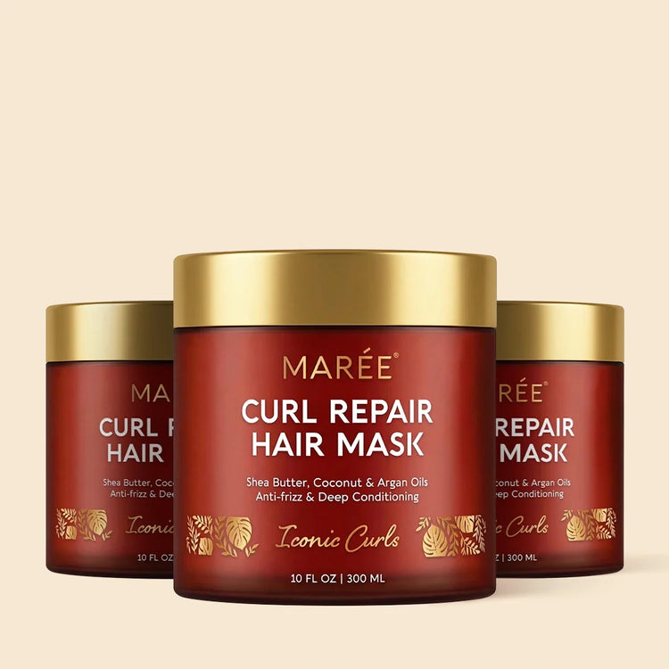 Maree Curl Repair Hair Mask in a jar, showcasing creamy texture and nourishing formula for curly hair care.
