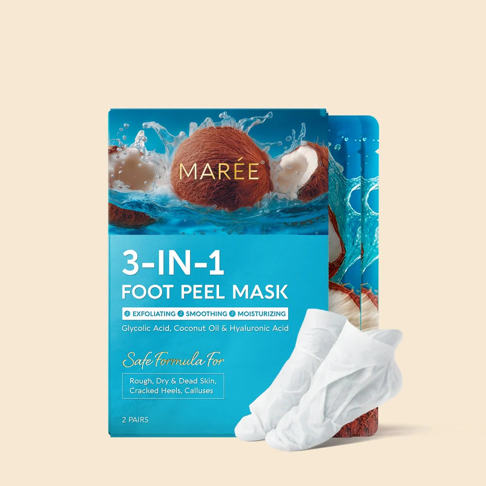 Maree Exfoliating & Hydrating Foot Mask in a clear jar, showing the product&