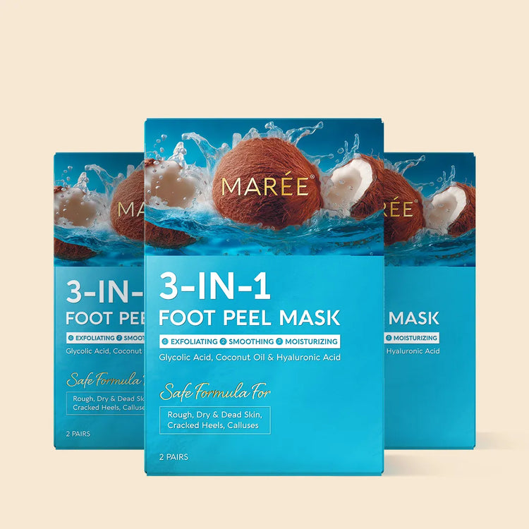 Maree exfoliating and hydrating foot mask in a clear jar with cream and foot images, designed to smooth and moisturize feet.
