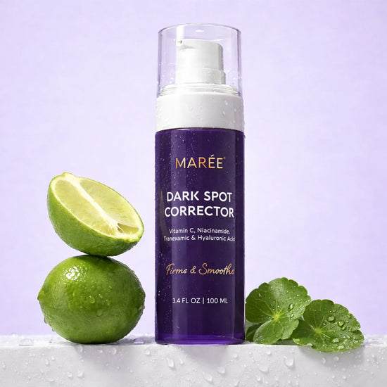 Maree Face & Body Serum for Dark Spots, clear bottle with dropper, highlighting skincare for uneven skin tone and dark spot treatment.
