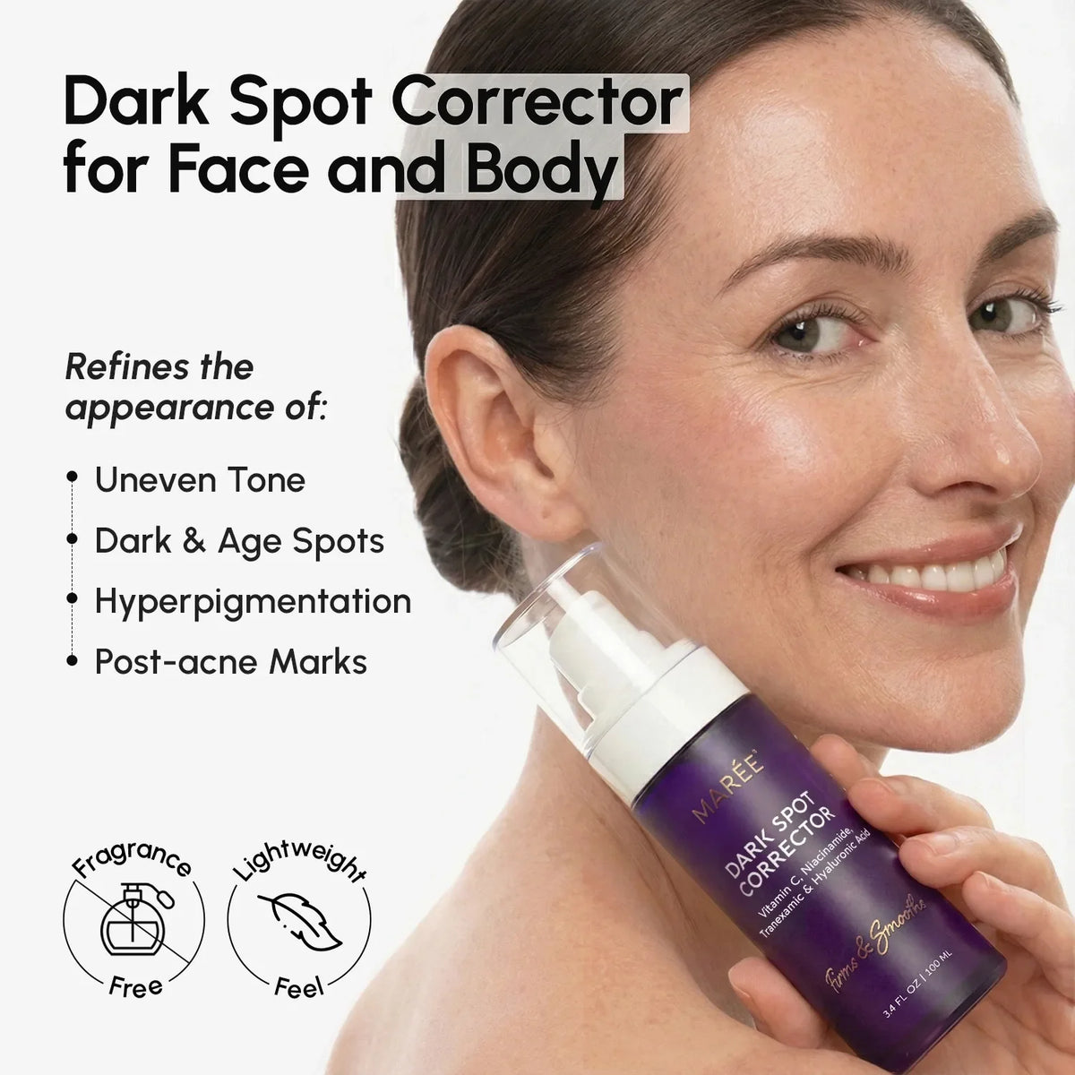 Maree Face & Body Serum for Dark Spots showing a sleek bottle with serum, designed for brightening skin on face and body.
