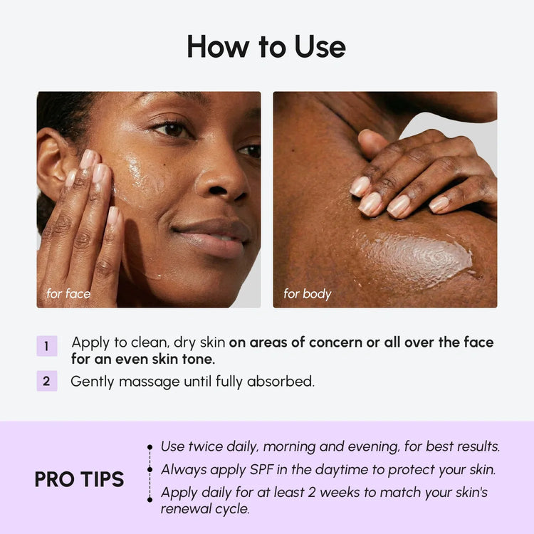 Maree Face & Body Serum for Dark Spots showing the serum bottle with applicator and skincare ingredients.