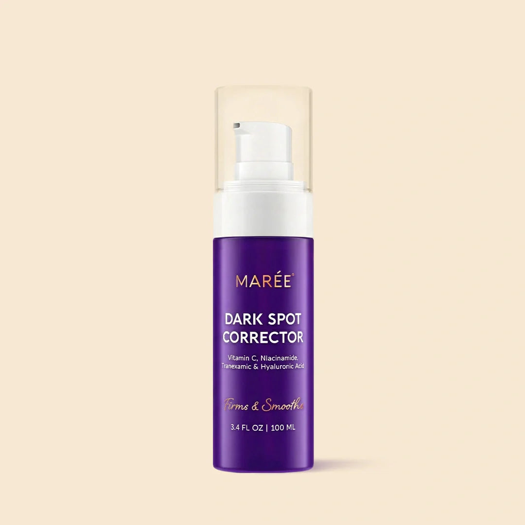 Maree Face & Body Serum for Dark Spots, clear bottle with dropper, showing application on skin for uneven tone correction.