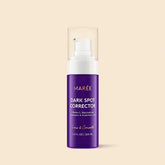 Maree Face & Body Serum for Dark Spots, clear bottle with dropper, showing application on skin for uneven tone correction.
