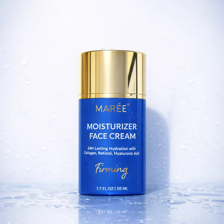 Maree Firming & Lifting Collagen Moisturizer in a sleek jar, showing its creamy texture and elegant packaging.