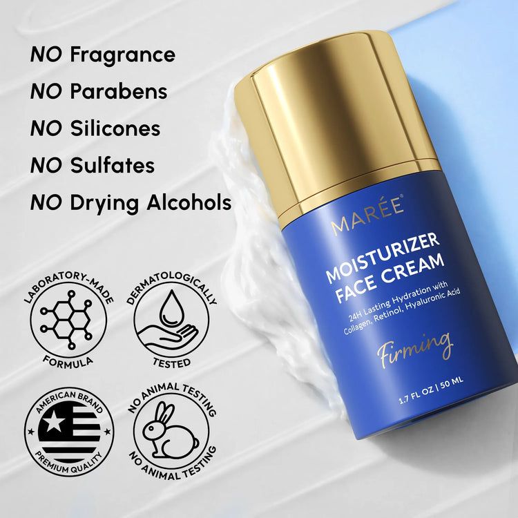 Maree Firming & Lifting Collagen Moisturizer in a sleek jar, showing its smooth, hydrating texture for firm, youthful skin.