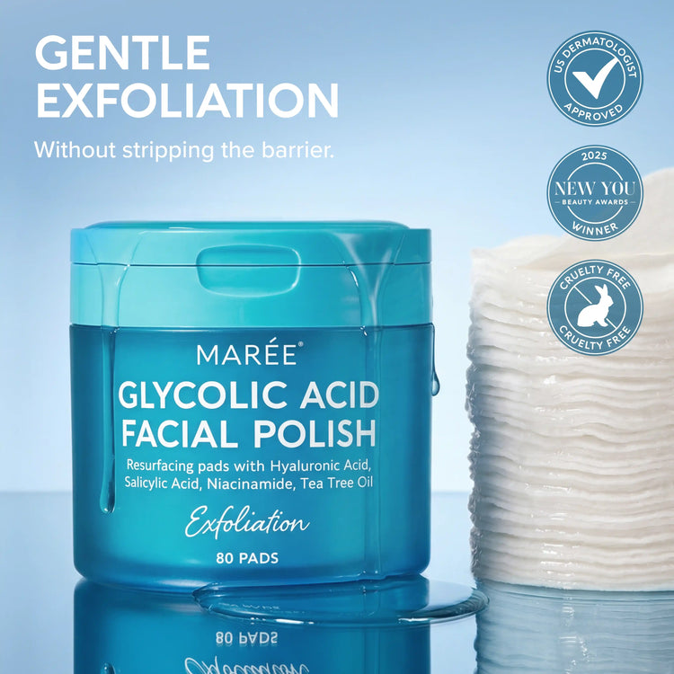 Maree Glycolic Acid Pads 80-piece jar with cotton pads for exfoliating and brightening skincare routine.