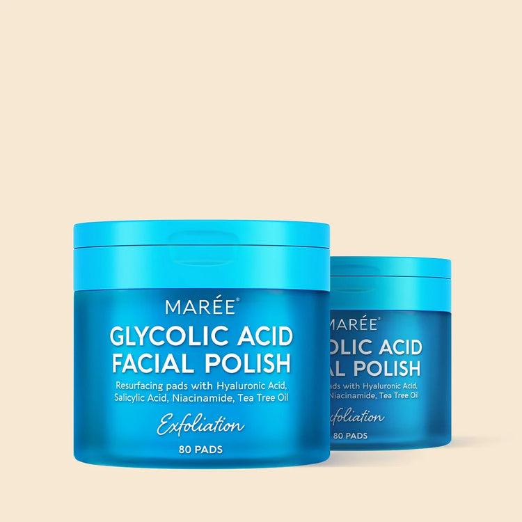 Maree Glycolic Acid Pads, 80 pcs, with exfoliating cotton pads for facial skincare routine, close-up of package and product.