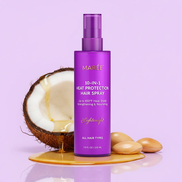 Maree heat styling protective hair spray with spray nozzle, designed to shield hair from heat damage during styling.