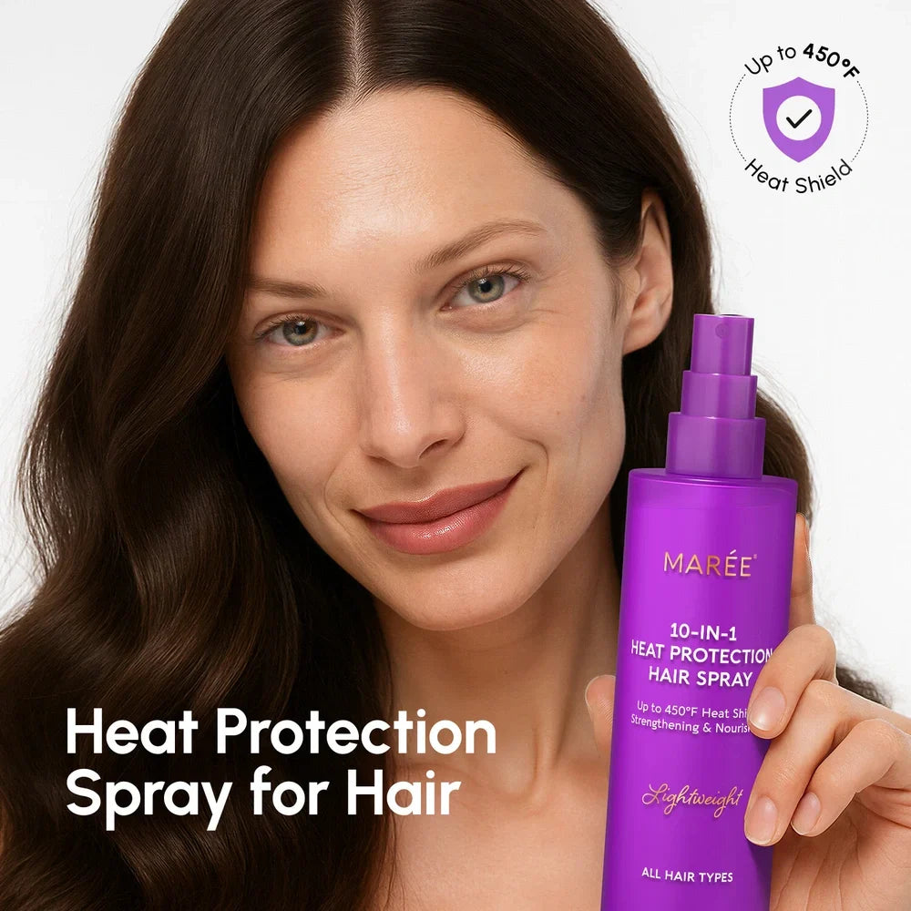 Maree Heat Styling Protective Hair Spray bottle with spray nozzle, designed to protect hair during heat styling.