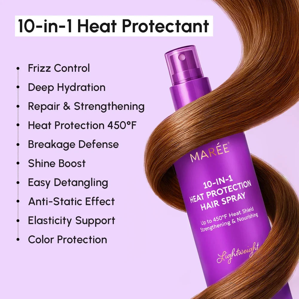 Maree heat styling protective hair spray, aerosol can with label, designed to shield hair during heat styling processes.