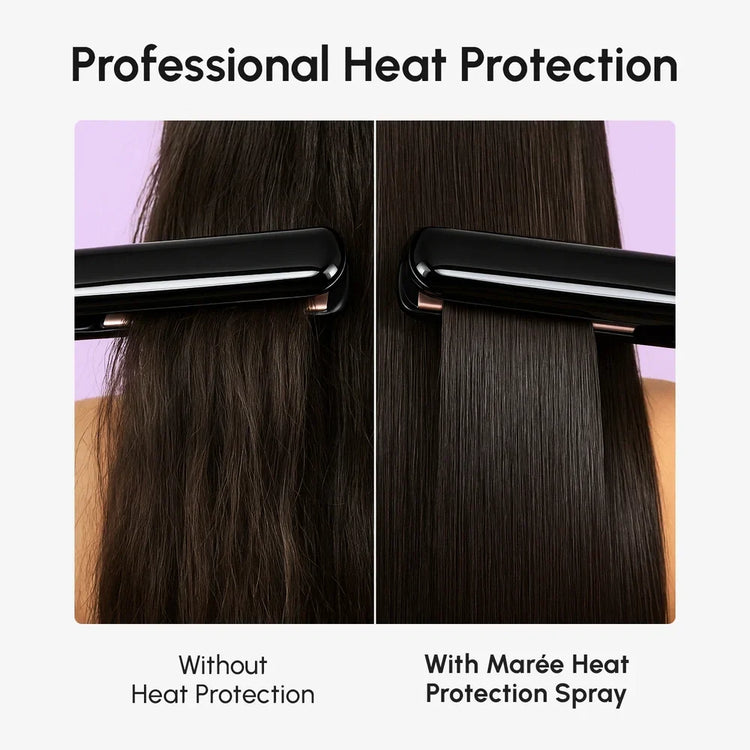 Maree Heat Styling Protective Hair Spray bottle with spray nozzle, designed to protect hair during heat styling.
