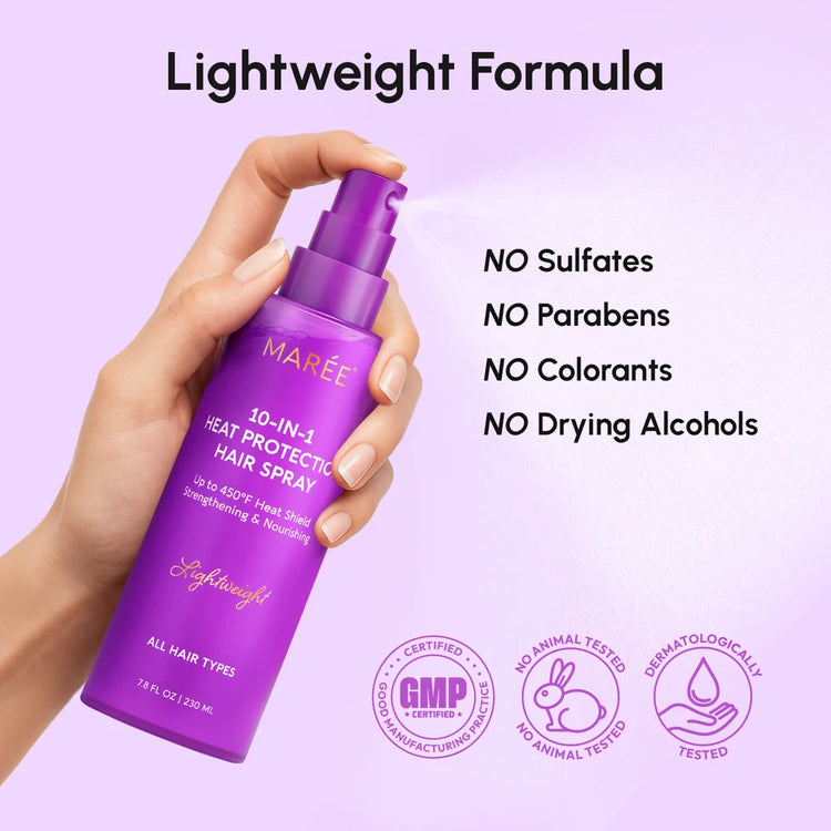 Maree Heat Styling Protective Hair Spray bottle with spray nozzle, designed to protect hair during heat styling.