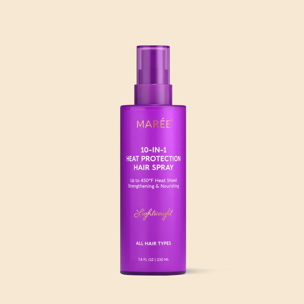 Maree heat styling protective hair spray in a spray bottle, designed to shield hair from heat damage during styling.