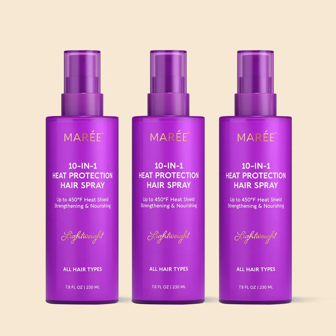 Maree Heat Styling Protective Hair Spray bottle with spray nozzle, designed to protect hair during styling processes.