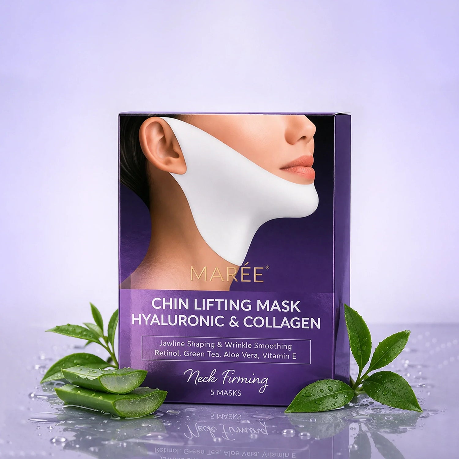 Maree Hyaluronic Acid V-line Lifting Mask shown on a face, designed to hydrate and lift the skin along the jawline and cheeks.