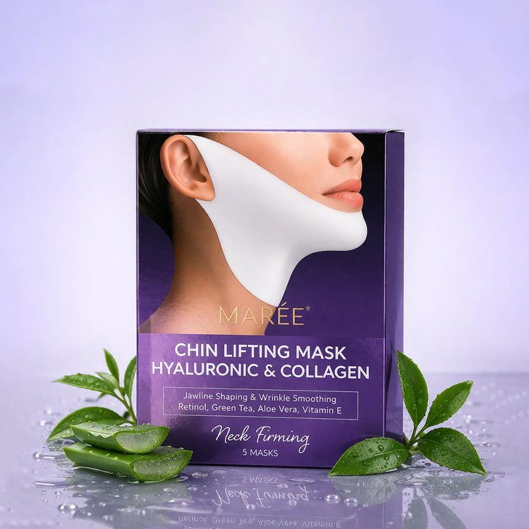 Maree Hyaluronic Acid V-line Lifting Mask shown on a face, designed to hydrate and lift the skin along the jawline and cheeks.