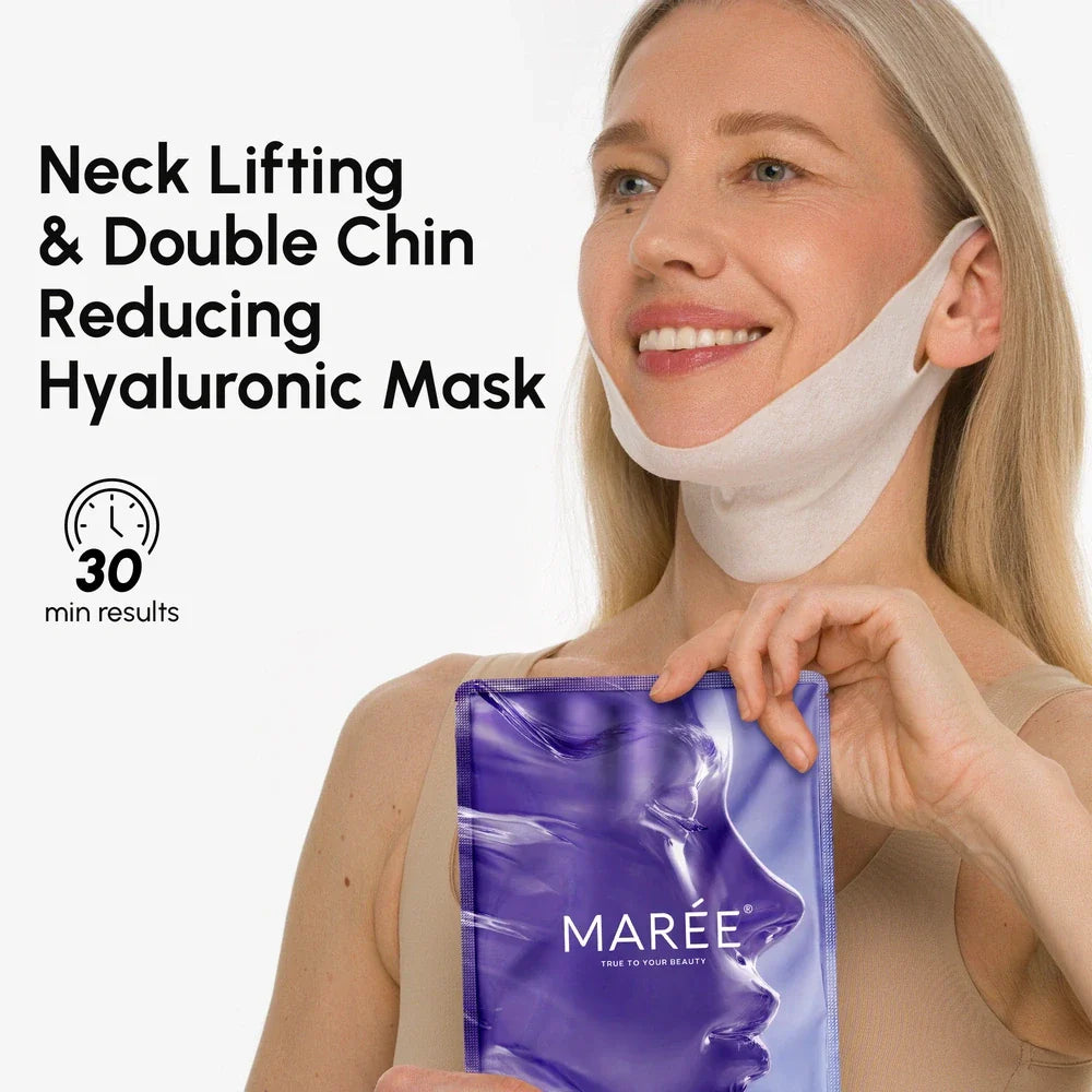 Maree Hyaluronic Acid V-line Lifting Mask showing the mask applied to the face with a focus on the V-line area.