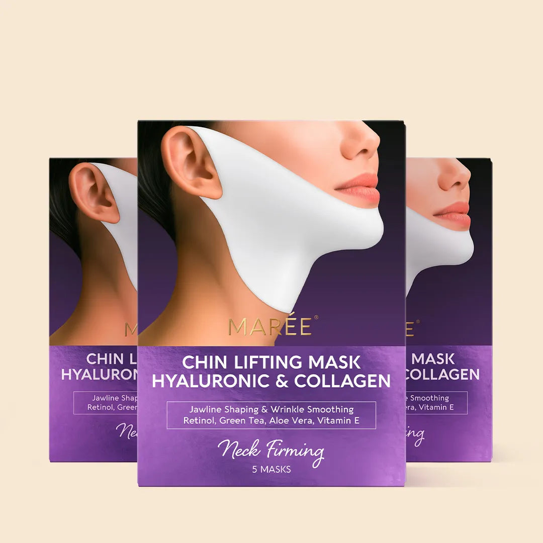 Maree Hyaluronic Acid V-line Lifting Mask shown on a face, highlighting its V-line lifting and hydrating skincare benefits.