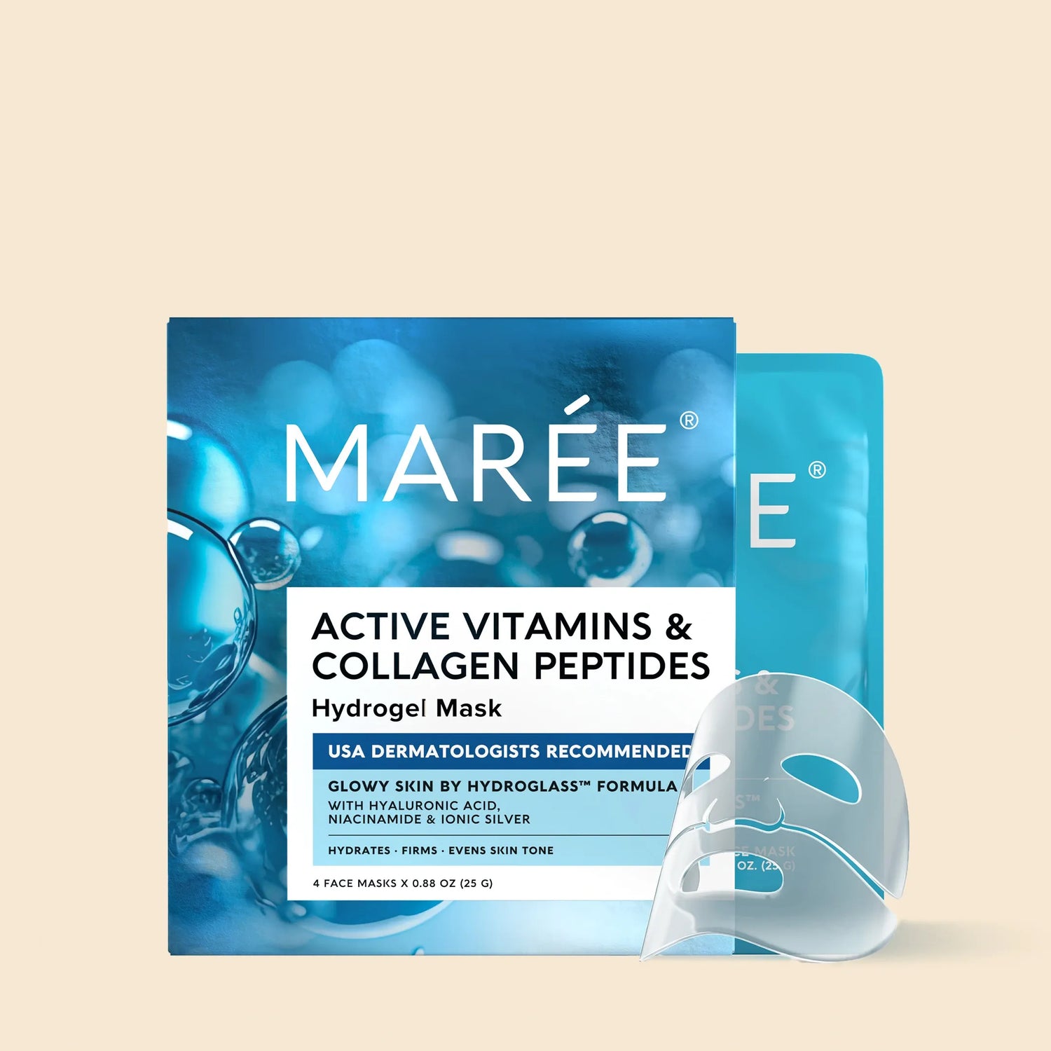 Maree Hydrogel Collagen Face Mask with soothing, hydrating gel formula visible on a skincare display.