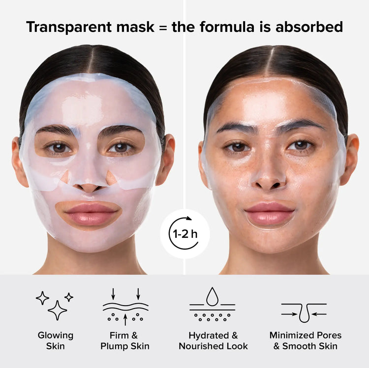 Maree Hydrogel Collagen Face Mask shown on a face, designed to hydrate and rejuvenate skin with a soothing, gel-like texture.
