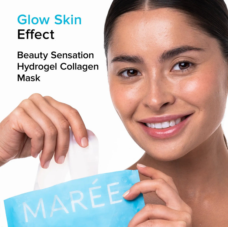 Maree Hydrogel Collagen Face Mask shown on a face with a smooth, hydrating gel texture for skincare routine.